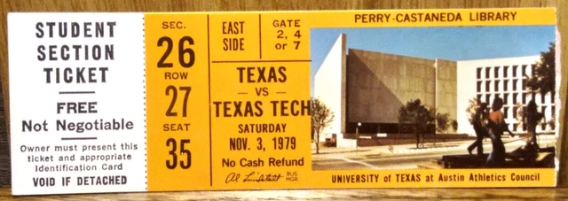 Texas Longhorns Football vs. Texas Tech Red Raiders 11-3-1979 Used Ticket Stub