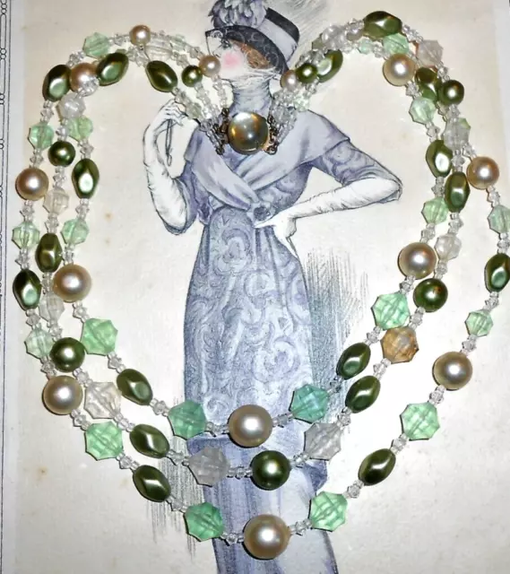Collier ancien triple rang de perles et cristal Couture 1940 1950