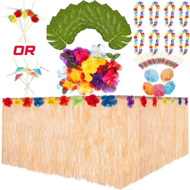 Hawaiian Set Table Skirt Straws Leis Leaves Summer Party Decor Luau Garden Beach