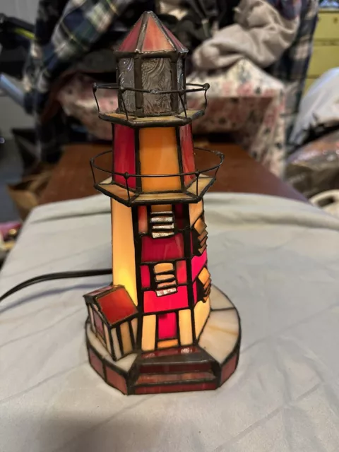 Vintage Stained Glass Lighthouse Night Light Red Accent Table Lamp 9.5" Tall