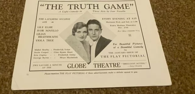 Plps32 Advert 5X8 Globe Theatre - The Truth Game. Lily Elsie. Ivor Novello