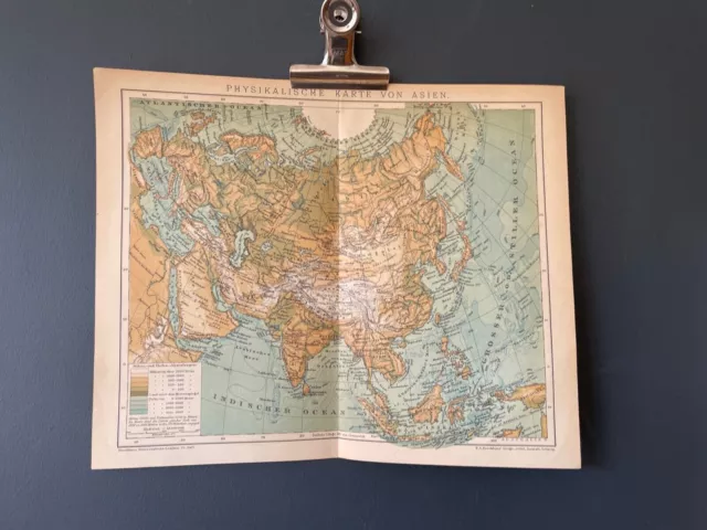 ASIA Rara stampa antica della mappa Brockhaus del 1900 SPEDIZIONE GRATUITA