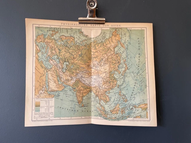 ASIA Rara stampa antica della mappa Brockhaus del 1900 SPEDIZIONE GRATUITA