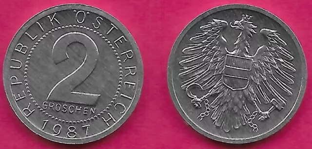 Austria 2 Groschen 1987 Unc Imperial Eagle With Austrian Shield On Breast,Holdin