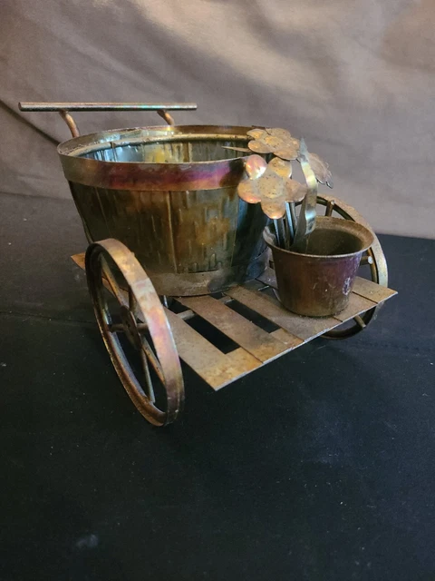 Vintage Brutalist Brass/Copper Metal Flower Cart Art Deco Mid Century Modern
