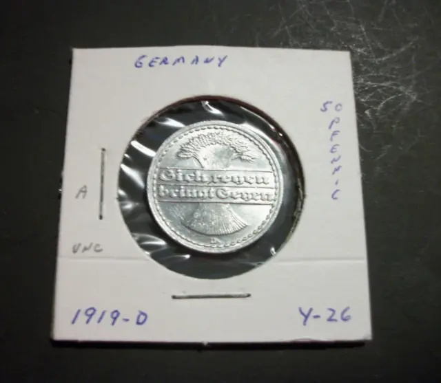 Germany Weimar Republic 1919-D 50 Pfennig unc Coin
