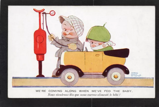 Postcard Motoring Comic artist Mabel Lucie Attwell petrol pump motor car