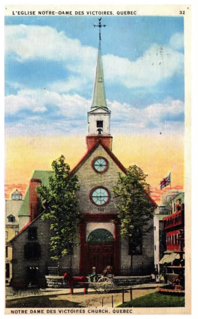 Notre Dame Victoires Church Quebec City Canada Linen Postcard 1936 DAMAGED BACK