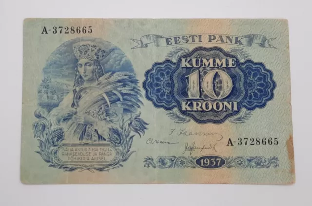 1937 - Eesti Pank, Estonia - 10 (Ten) Krooni Banknote, Serial No. A-3728665