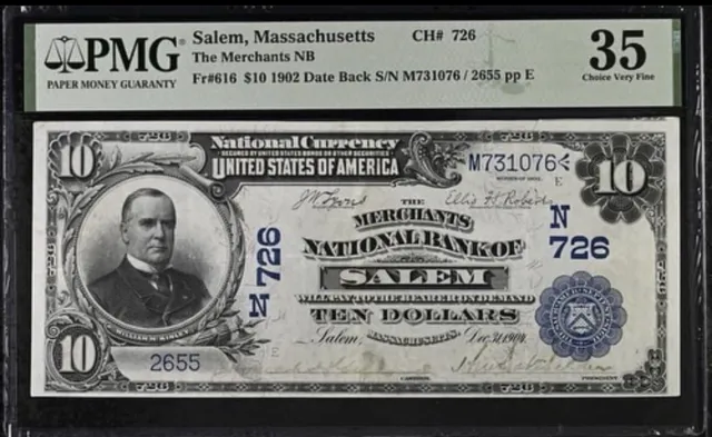 1902  $10 Merchants National Bank Of Salem, MA PMG 35 CH 726 Massachusetts Note