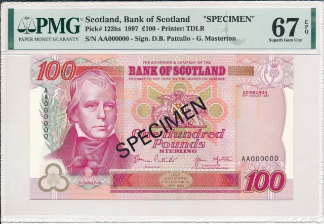 Bank of Scotland Scotland  100 Pounds 1997 Specimen PMG  67EPQ