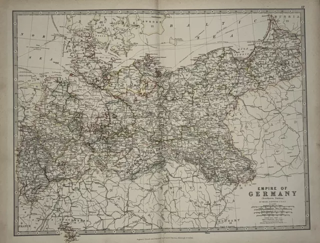 1889 Empire Of Germany North Part Hand Coloured Original Antique Map by Johnston