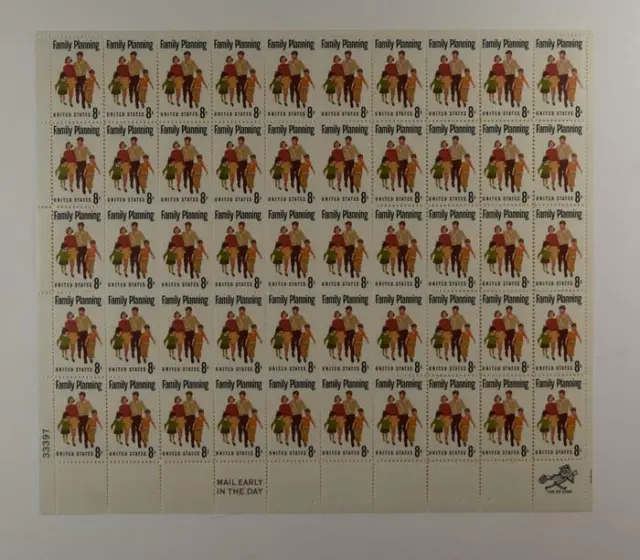 Us Scott 1455 Pane Of 50 Family Planning Stamps 8 Cent Face Mnh
