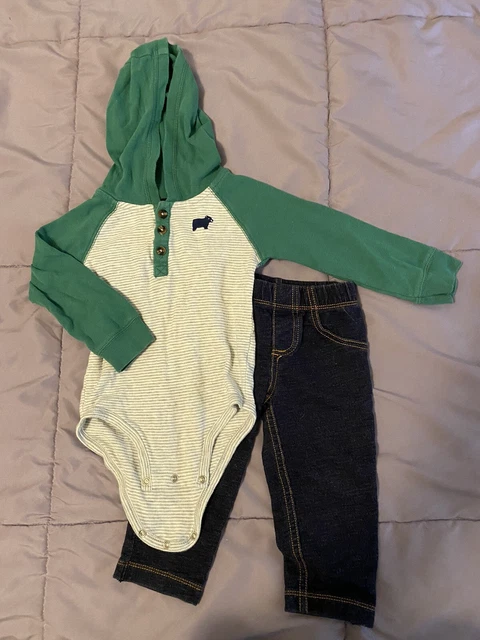 Carters baby boy 18 mos month 2-piece set outfit hooded bodysuit faux denim pant
