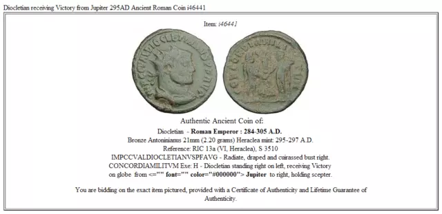 Diocletian receiving Victory from Jupiter 295AD Ancient Roman Coin i46441 3