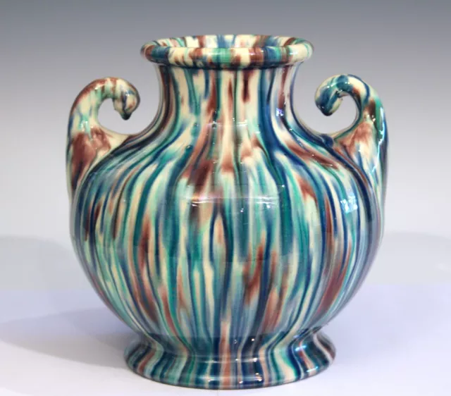 Awaji Pottery Art Deco Japanese Vintage Vase White Blue Flambe Glaze