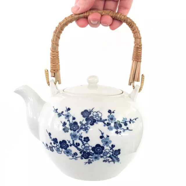 Vintage White Blue Floral Teapot w Lid, Rattan Handle, Otagiri OMC Made in Japan