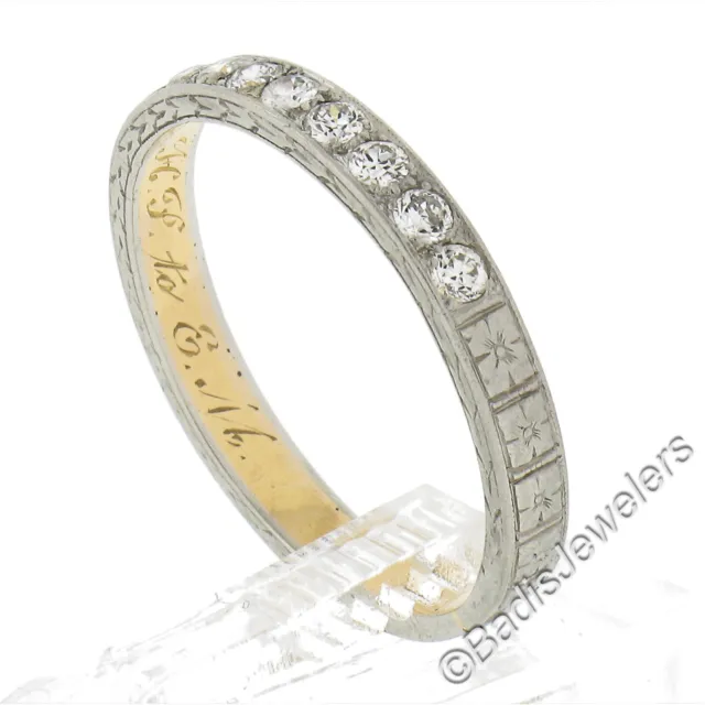 Antiguo Eduardiano Platino & Oro Viejo Grabado Diamante Apilar Anillo de Boda