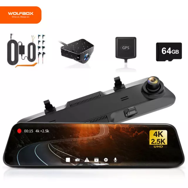 WOLFBOX Dash Cam 4K+2.5K 12" Mirror Front and Rear Dash Camera Free 64GB Card