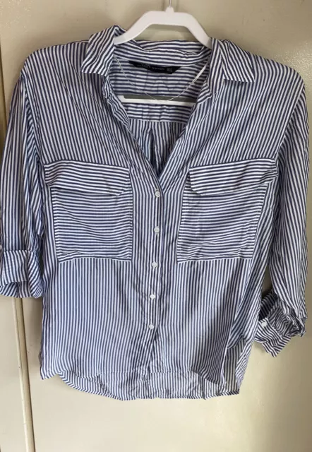 Zara Women's Flowy Oversized Button Down Shirt with Pockets, Blue Striped Size S