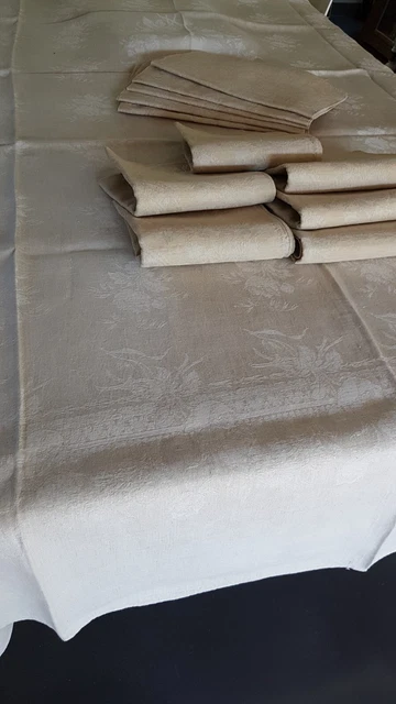 Ancien Service Nappe Et Serviettes En Damassé de Lin XIXÈME