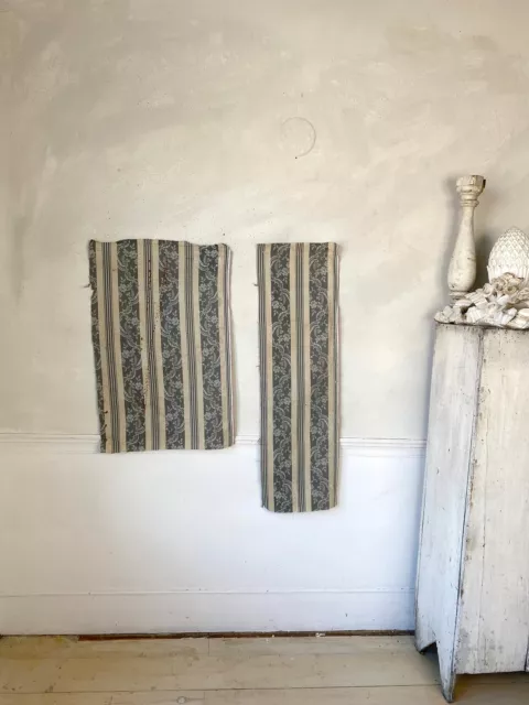 Two pieces antique French damask ticking grey gray beige striped damask fabric
