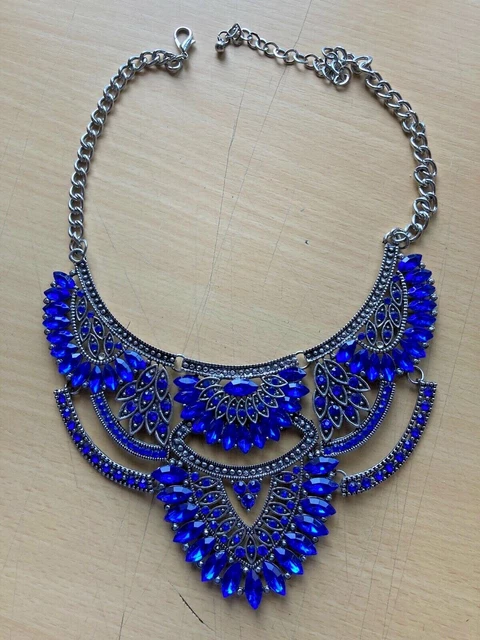 Antique Novelty Necklace Very Beautiful Blue And Metal, Drop Vintage Fashion