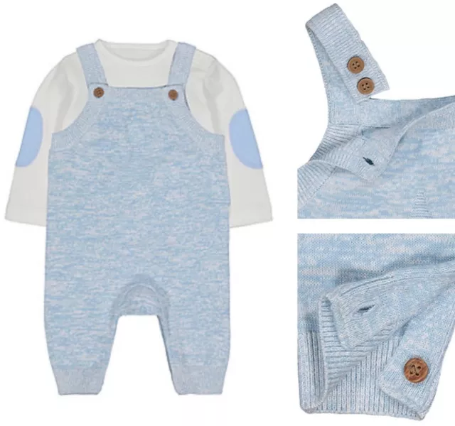 Brandneu mit Etikett Mothercare Baby Jungen blau cremefarben gestrickt Langarm Body Latzhosen Set