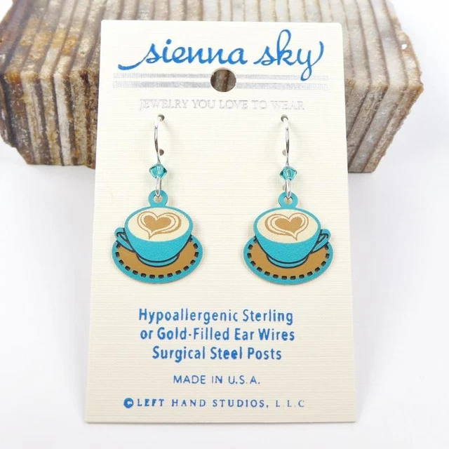Sienna Sky Earrings 925 Sterling Silver Hook Handpainted Latte Heart Coffee Cup