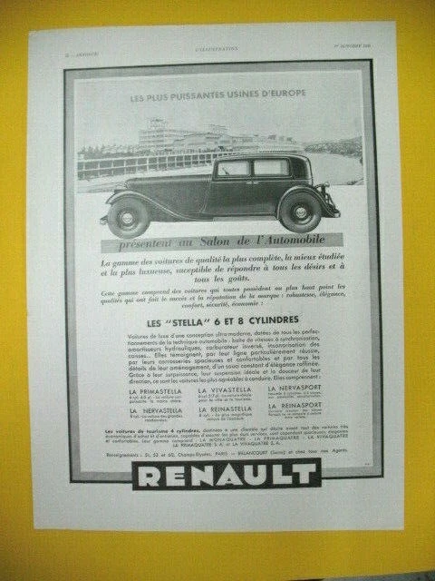 Publicite De Presse Renault Automobiles Puissantes Stella 6 Et 8 Cylindres 1932