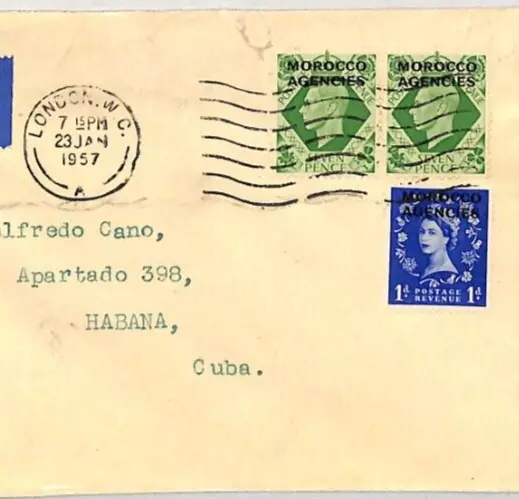 GB/MOROCCO AGENCIES KGVI QEII Mixed Franking Cover Habana Air Mail 1957 XE105