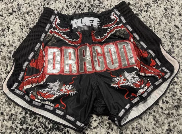 Tuff Sports MMA Muay Thai Kick Boxing Shorts Retro Style Black Dragon Red Large