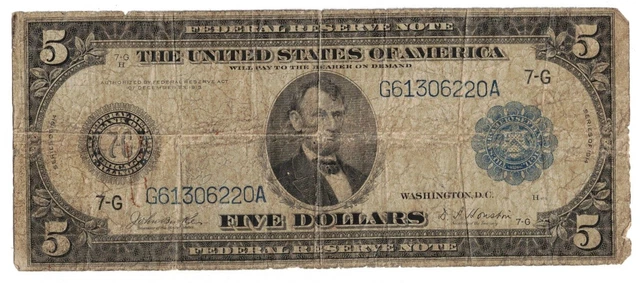 1914 Federal Reserve United States $5 Five Dollar Note Bill Currency Blue Seal!
