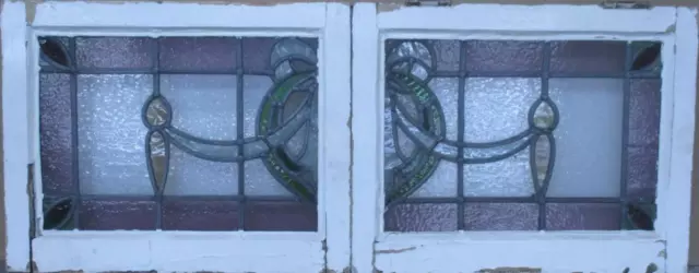 PAIR OF OLD ENGLISH STAINED GLASS WINDOWS Beautiful Wreath 19.5" x 15.5"