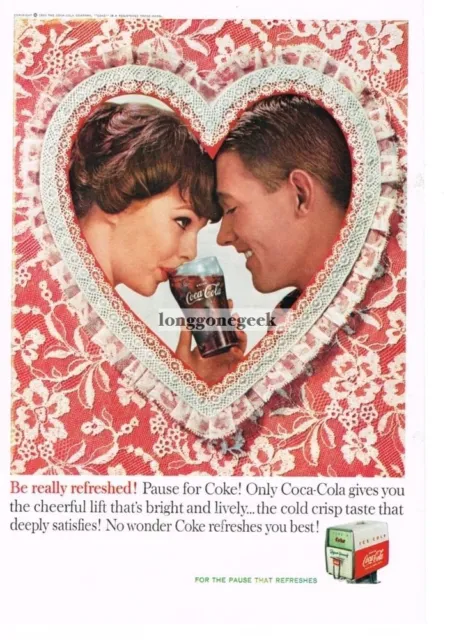 1960 COCA-COLA Couple Enjoying COKE Pink Lace Heart Vintage Print Ad