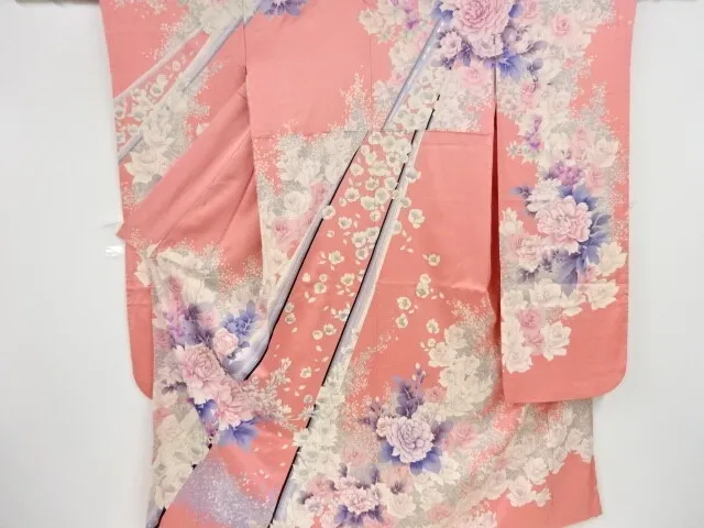 85516# Japanese Kimono / Antique Furisode / Embroidery / Peony & Rose