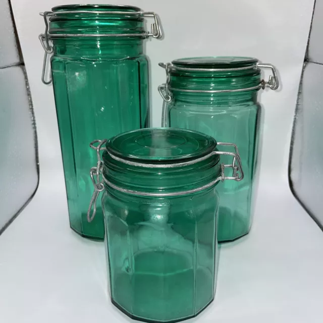 Set Of 3 Emerald Green Glass 12 Panel Canisters Jar Wire Bail Hinged Lid