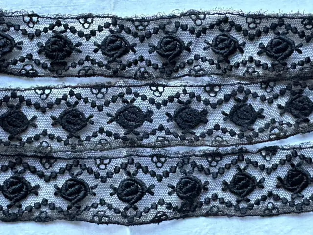 Beautiful French Antique Black Lace Insertion - Tulle embroidered 99" by 1.75"