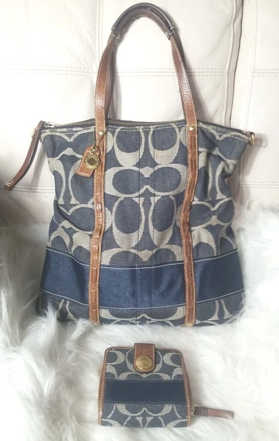 Vintage coach Denim Bag Matching Wallet  Signature Blue Stripe Magazine Tote