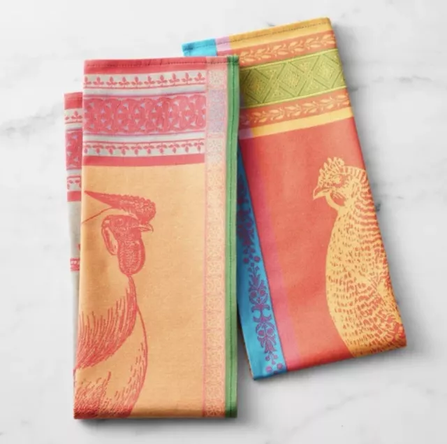 Williams Sonoma Bright Jacquard Kitchen Towels Rooster Chicken Set of 2 - NEW