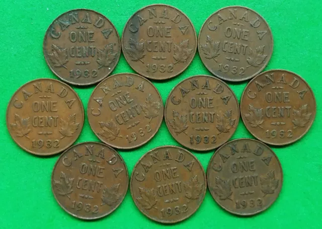 Lot of 10 Old Canada Cent Coins all dated 1932 Vintage KGV World Foreign !!