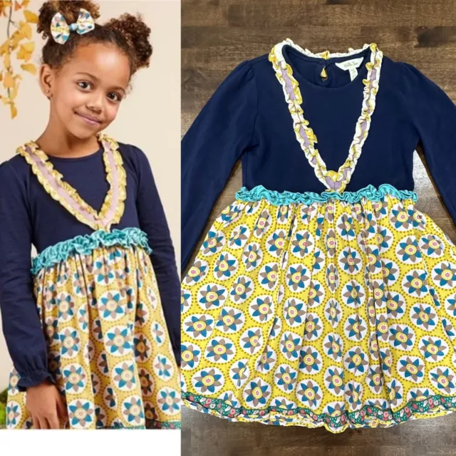 Matilda Jane Girls Sz 10 Country Damsel Dress Navy Yellow Ruffle Floral EUC