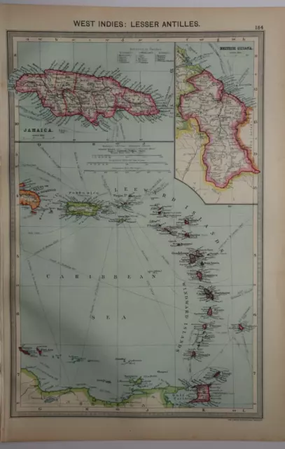1904 Antique Map West Indies Lesser Antilles Jamaica Leeward Porto Rico Guiana