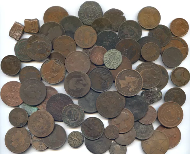 World - bag of very old worn/damaged coppers, approximately 68 pieces