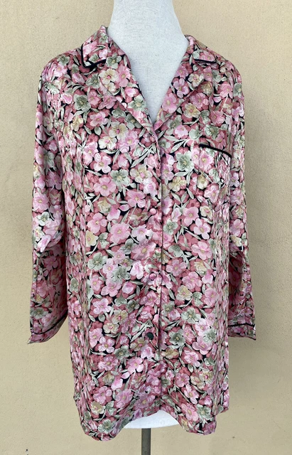 Vtg Christian Dior Pink Floral Pajama Top Silky Loungewear sz S Cottage