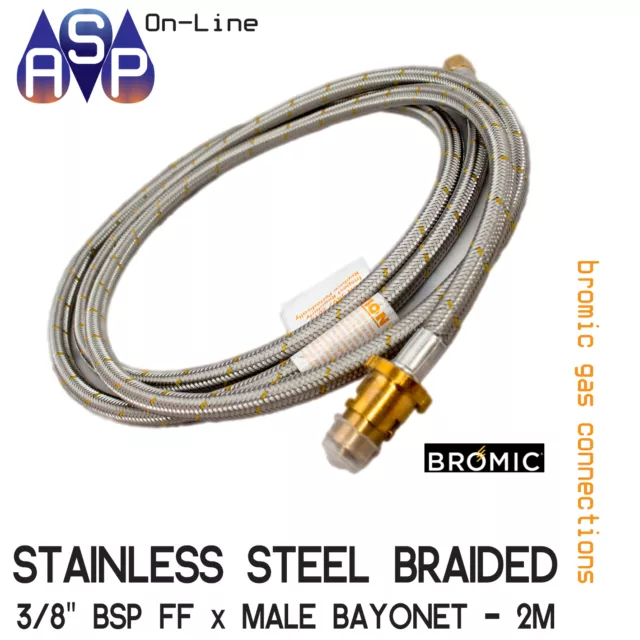 2Mtr Stainless Steel Braided Gas Hose 3/8 Bsp W/ Bayonet Coupling Natural & Lpg