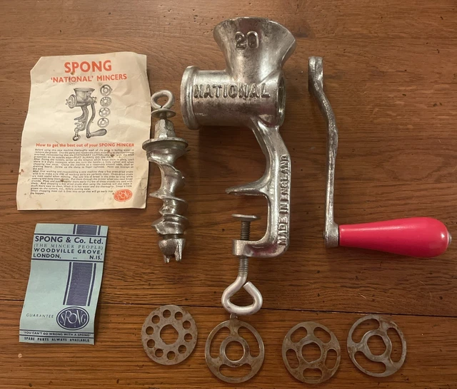 Vintage Spong Metal Meat Mincer/Grinder National 20 Model + 4 Discs