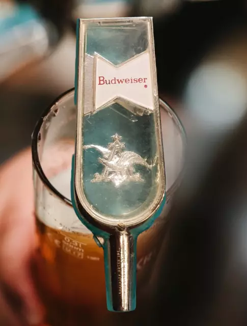 Budweiser Beer Tap Handle Rare Design Unique Vintage Chrome Steel Acrylic Wedge!