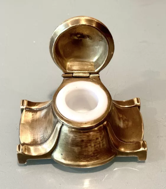 Vintage Antique 19C Art Deco Gilt Bronze Porcelain Insert Inkwell Desk Accessory