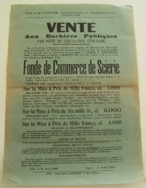 Affiche vente enchère commerce de scierie Aix en Provence 1928 vintage rétro
